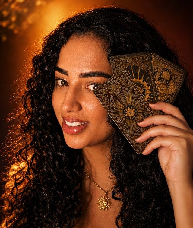 Luísa Soncim segurando cartas de tarô